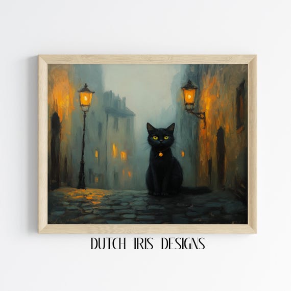Mysterious Black Cat In Lanternlit Street Moody Vintage Night Scene Animal Wall Art Dark Rustic Decor Painting 443