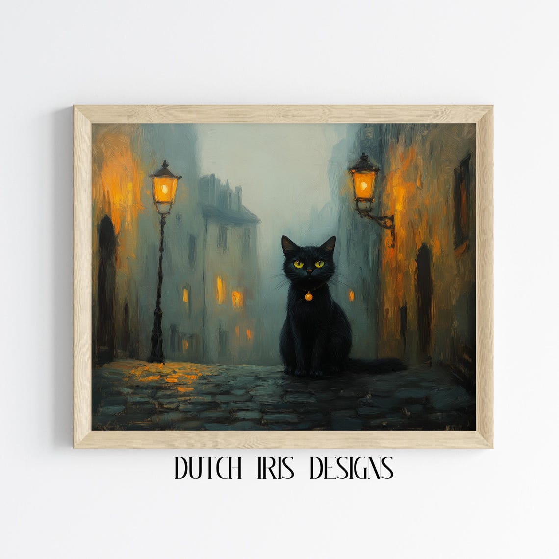 Black Cat On Foggy Street Under Glowing Lanterns Moody Night Poster