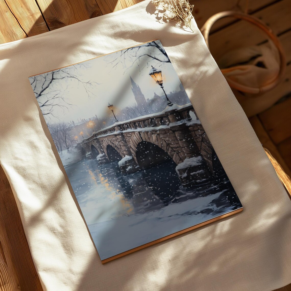 Snowy Stone Arch Bridge Frozen River Glowing Lamps Winter City Poster - Image 2
