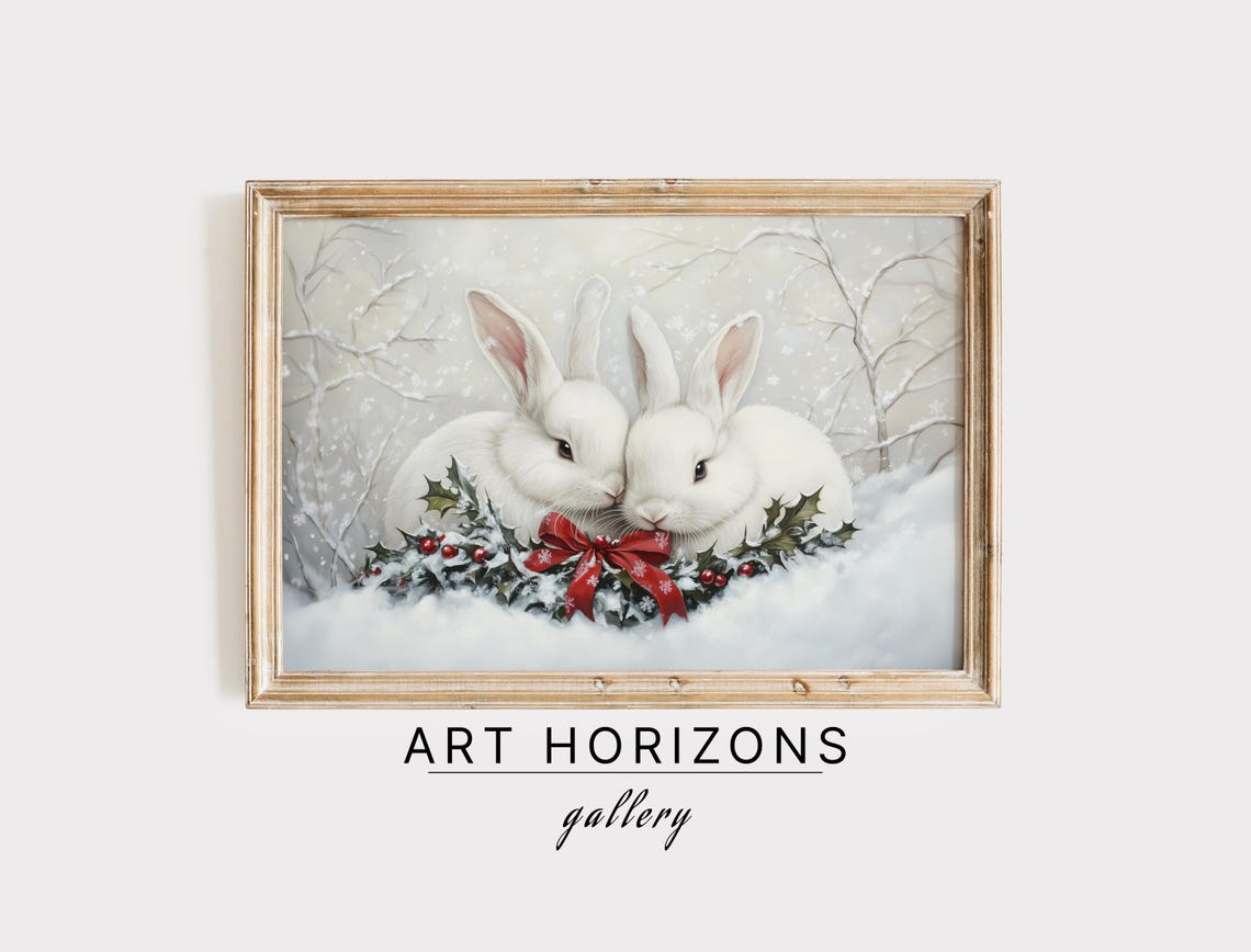 White Rabbits Holly Red Bow Snowy Christmas Bunny Pair Poster