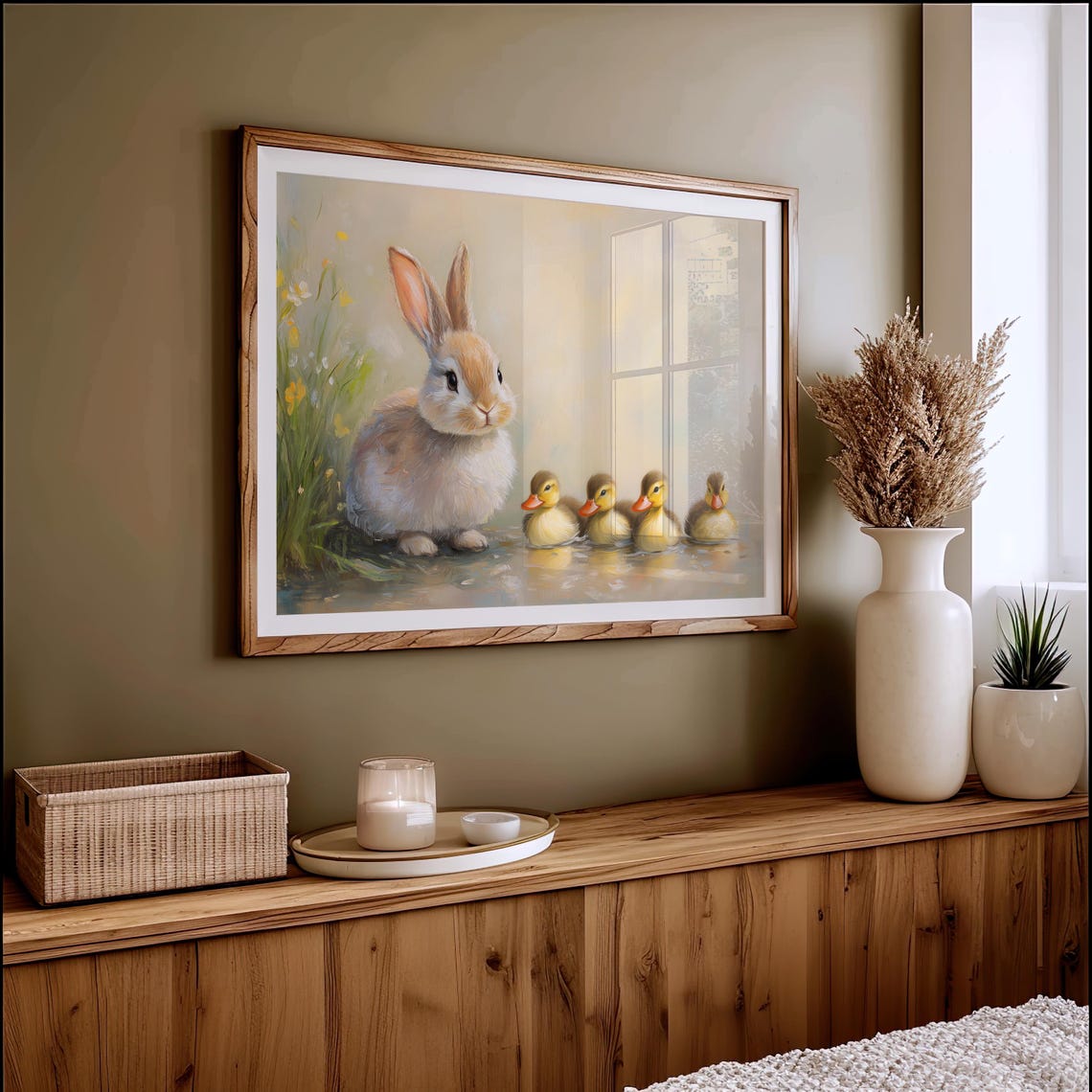 Easter Wall Art Cute Bunny Rabbit Ducklings Spring Decor Vintage Oil Painting Antique Easter Art For Home A240 - Image 4