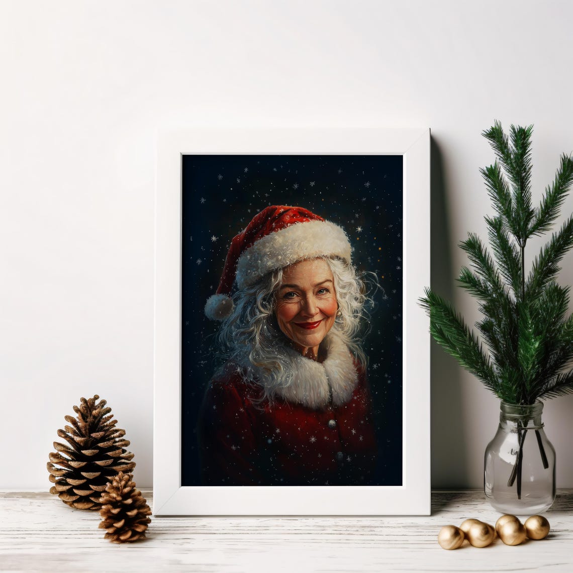 Mrs Claus Portrait Red Hat Smiling Snowy Night Christmas Print - Image 2