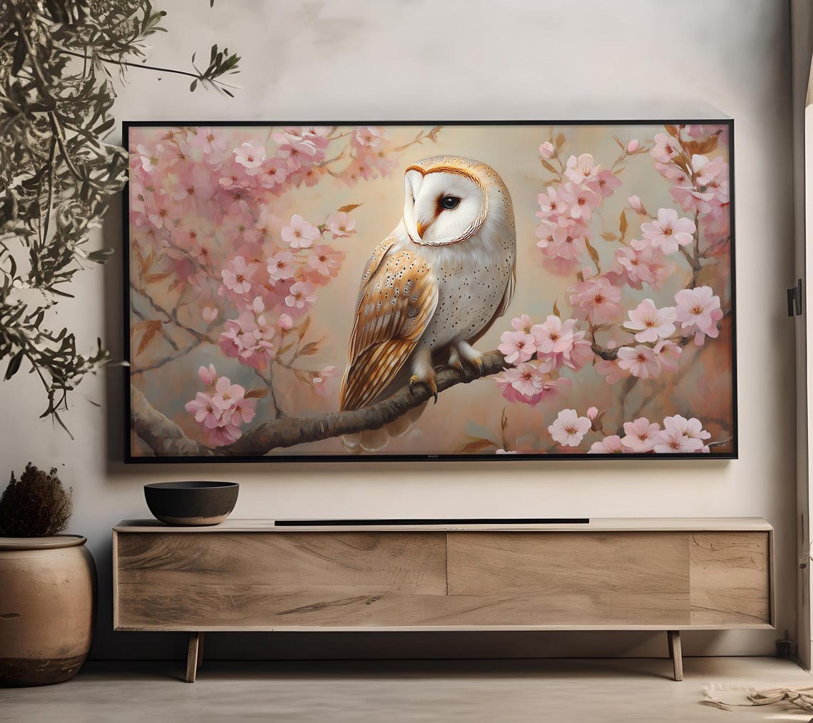 Barn Owl Pink Cherry Blossoms Spring Vintage Bird Painting Wall Poster - Image 5