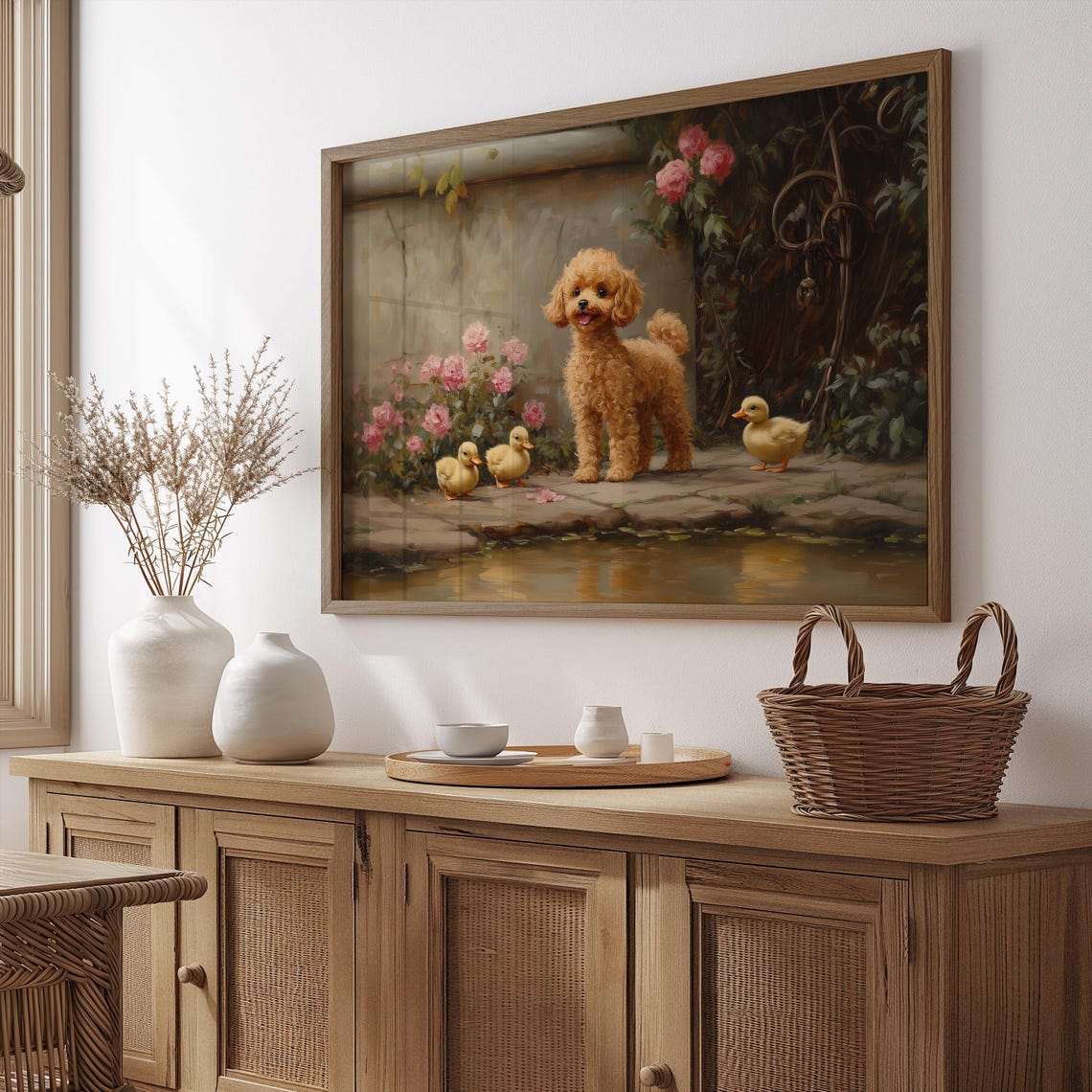 Apricot Poodle Puppy With Ducklings By A Pond Garden Painting Poster - Image 4