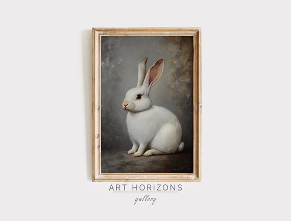 White Rabbit Portrait Moody Dark Vintage Oil Painting Bunny Animal Art Poster