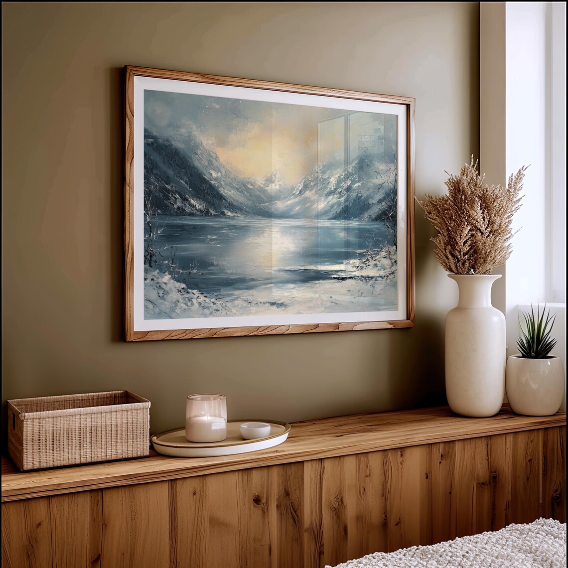 Snowy Mountain Lake Golden Sunset Winter Landscape Oil Painting Poster - Image 4