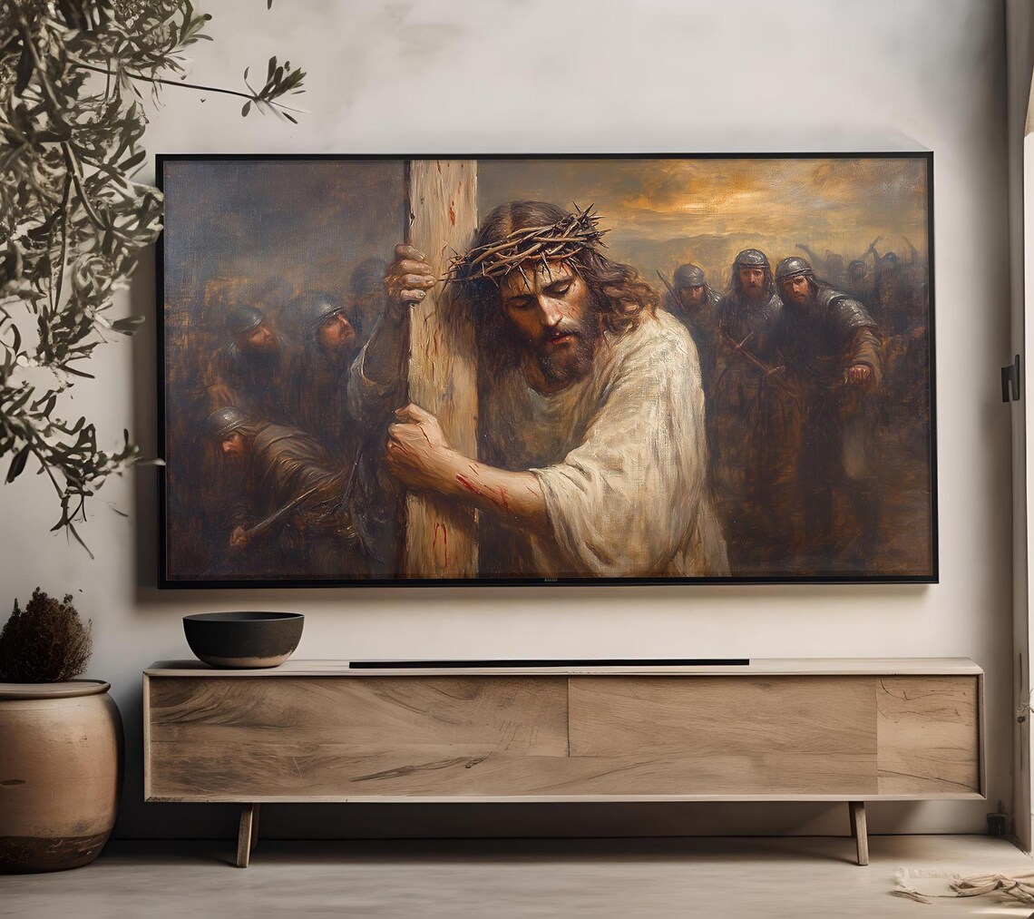 Jesus Christ Carrying Cross, Calvary Oil Painting - Image 4
