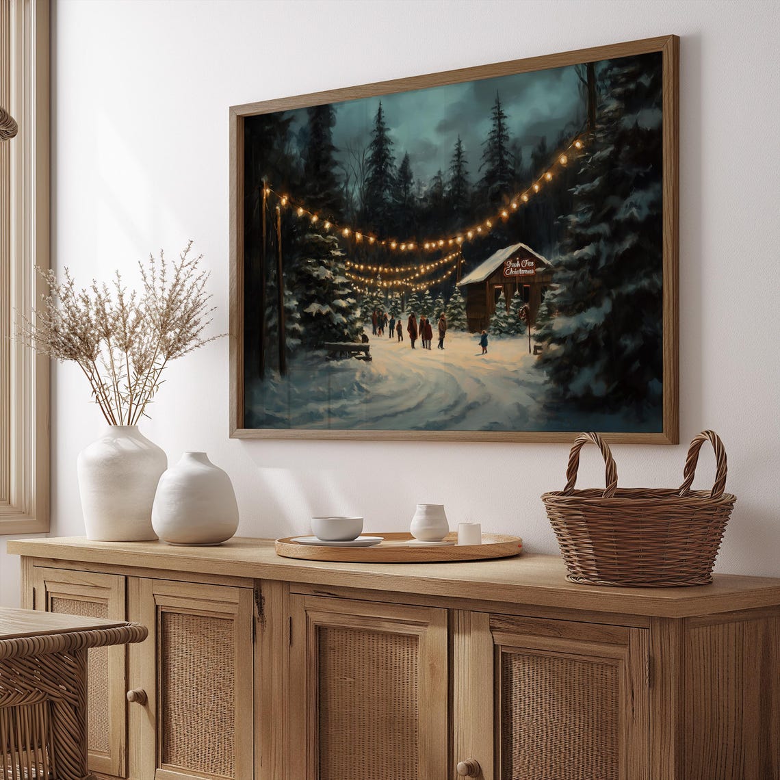 Christmas Tree Farm Night String Lights Snowy Pines Vintage Print - Image 2