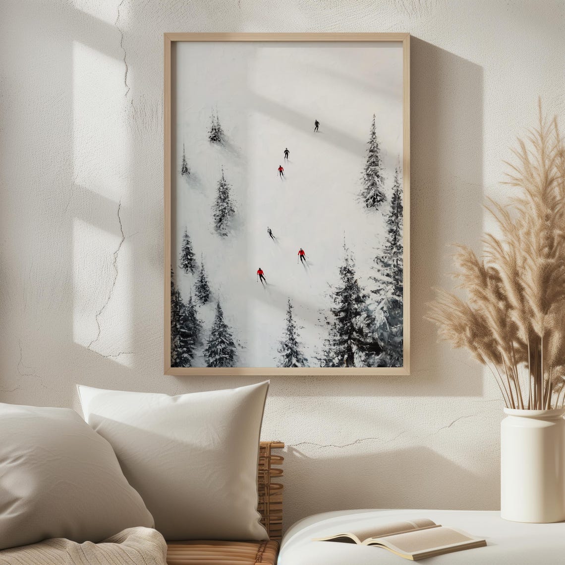 Skiers on Snowy Mountain Slope Aerial View Minimalist Ski Art Print - Image 2