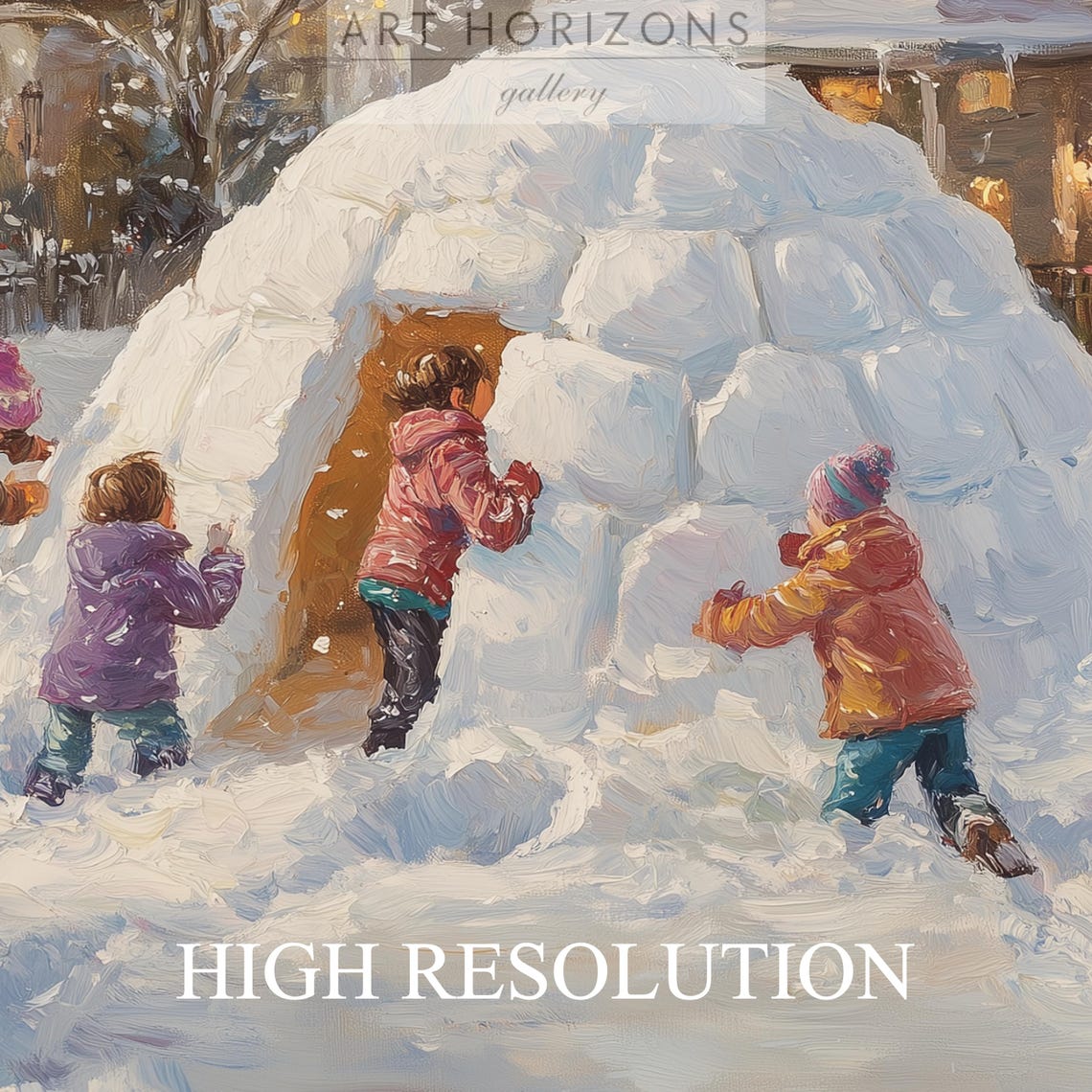 Children Building Snow Igloo Cozy House Winter Holiday Wall Art Print - Image 3