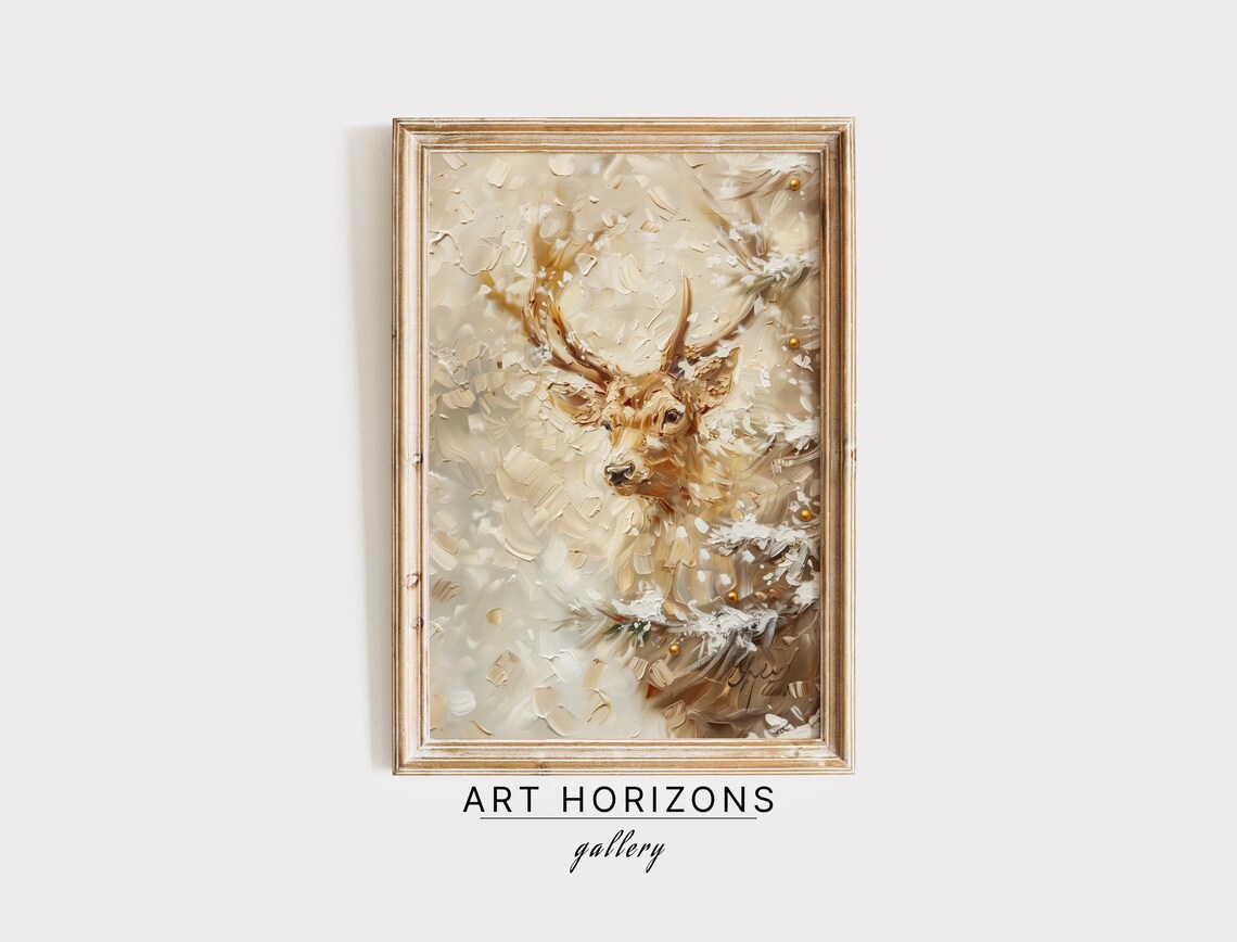 Majestic Golden Stag Deer Snowy Winter Impasto Oil Painting Wall Art
