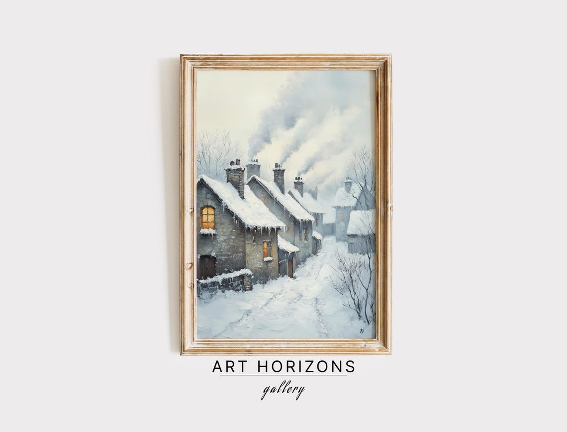 Snowy Old Stone Village Street Chimneys Smoke Winter Travel Poster