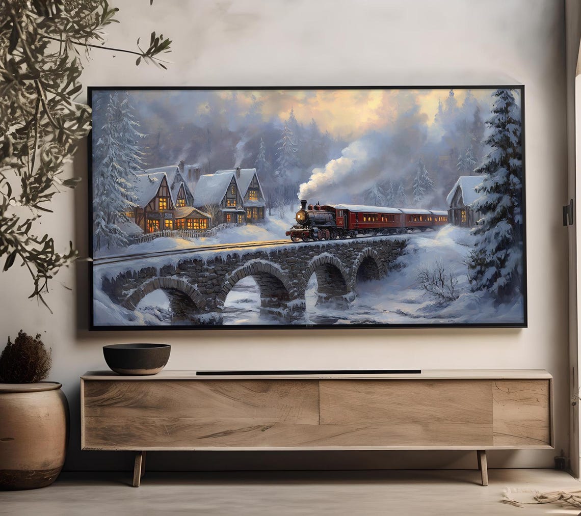 Red Steam Train Stone Bridge Snowy Village Dusk Winter Art Print - Image 4