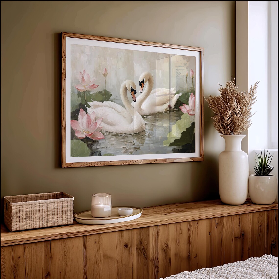 Swan Wall Art Print Vintage Wall Art Pastel Farmhouse Nursery Decor Antique Oil Painting Valentines Day Gift Lake Art A260 - Image 4