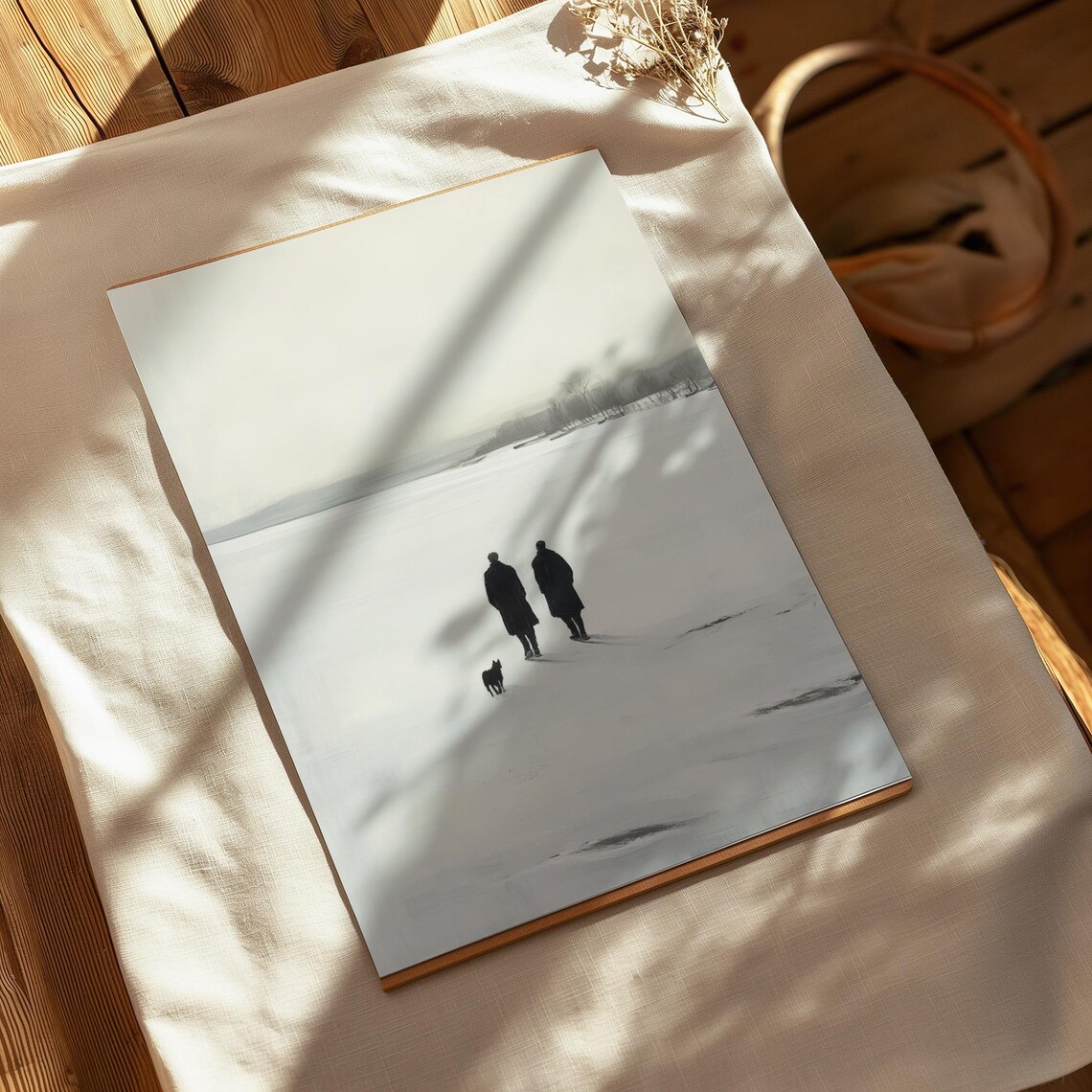 Minimalist Frozen Lake Two Figures Dog Vast White Winter Art Poster - Image 4