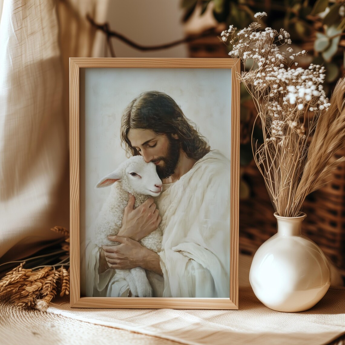 Christian Jesus Portrait Lamb Vintage Art Print - Image 2