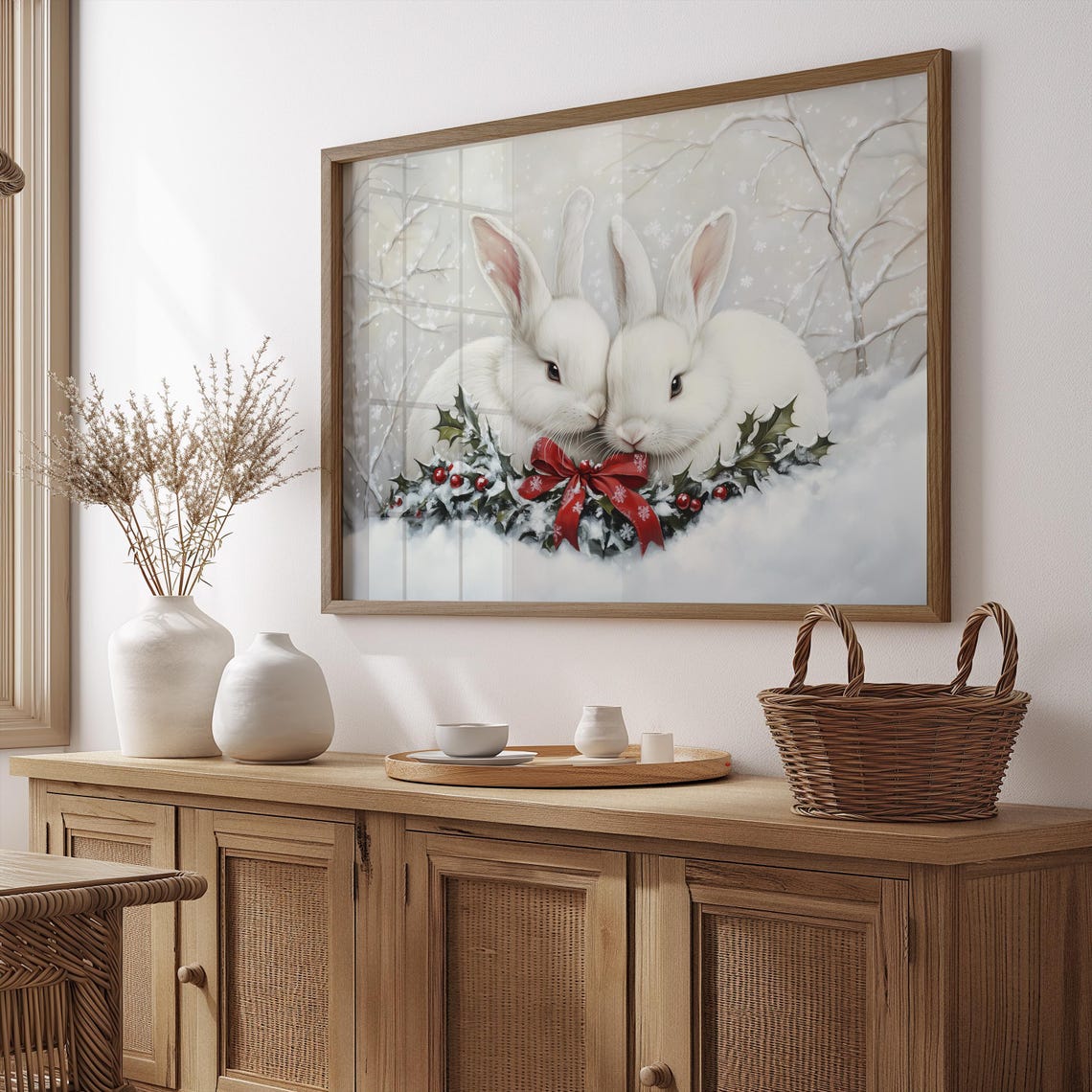 White Rabbits Holly Red Bow Snowy Christmas Bunny Pair Poster - Image 2