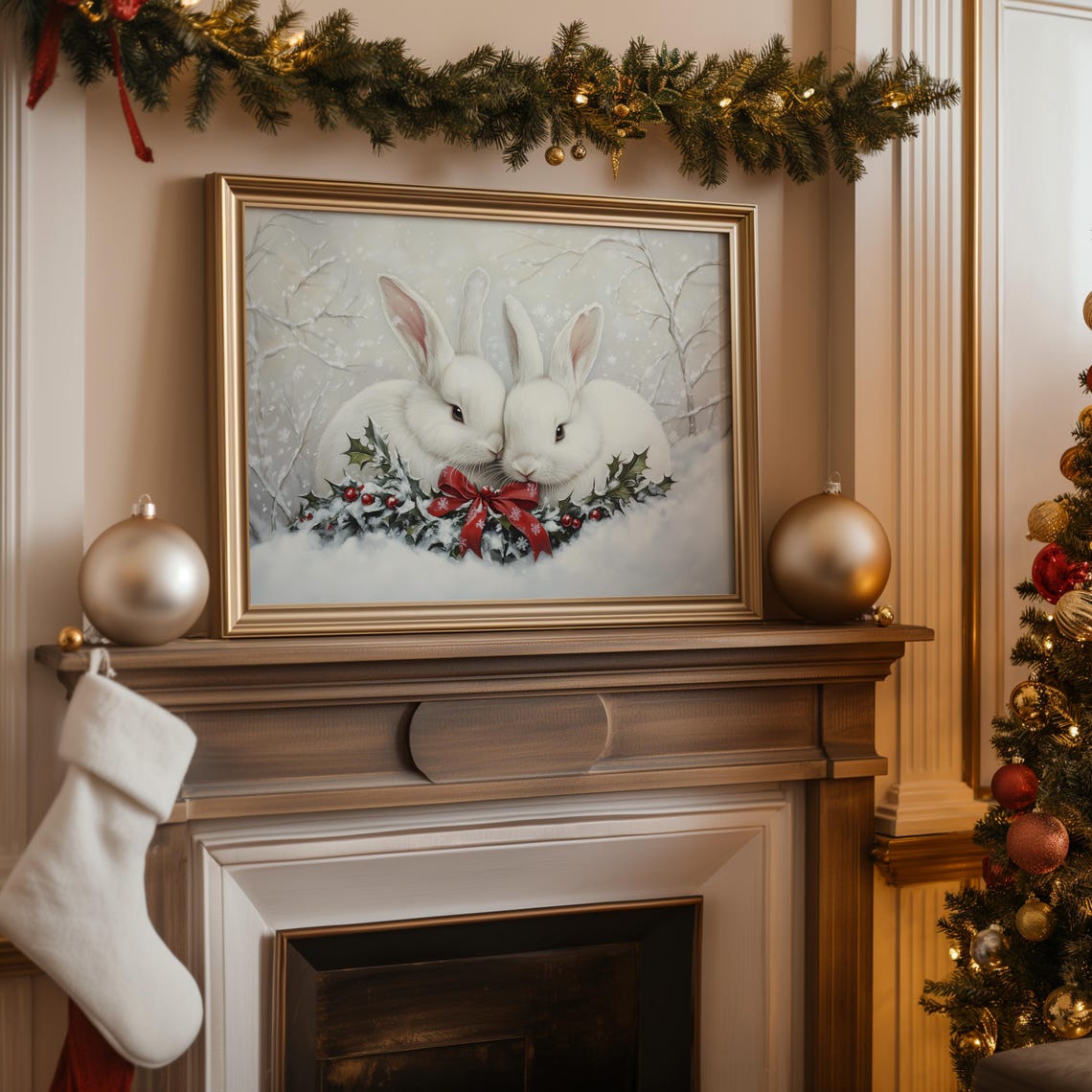 White Rabbits Holly Red Bow Snowy Christmas Bunny Pair Poster - Image 4