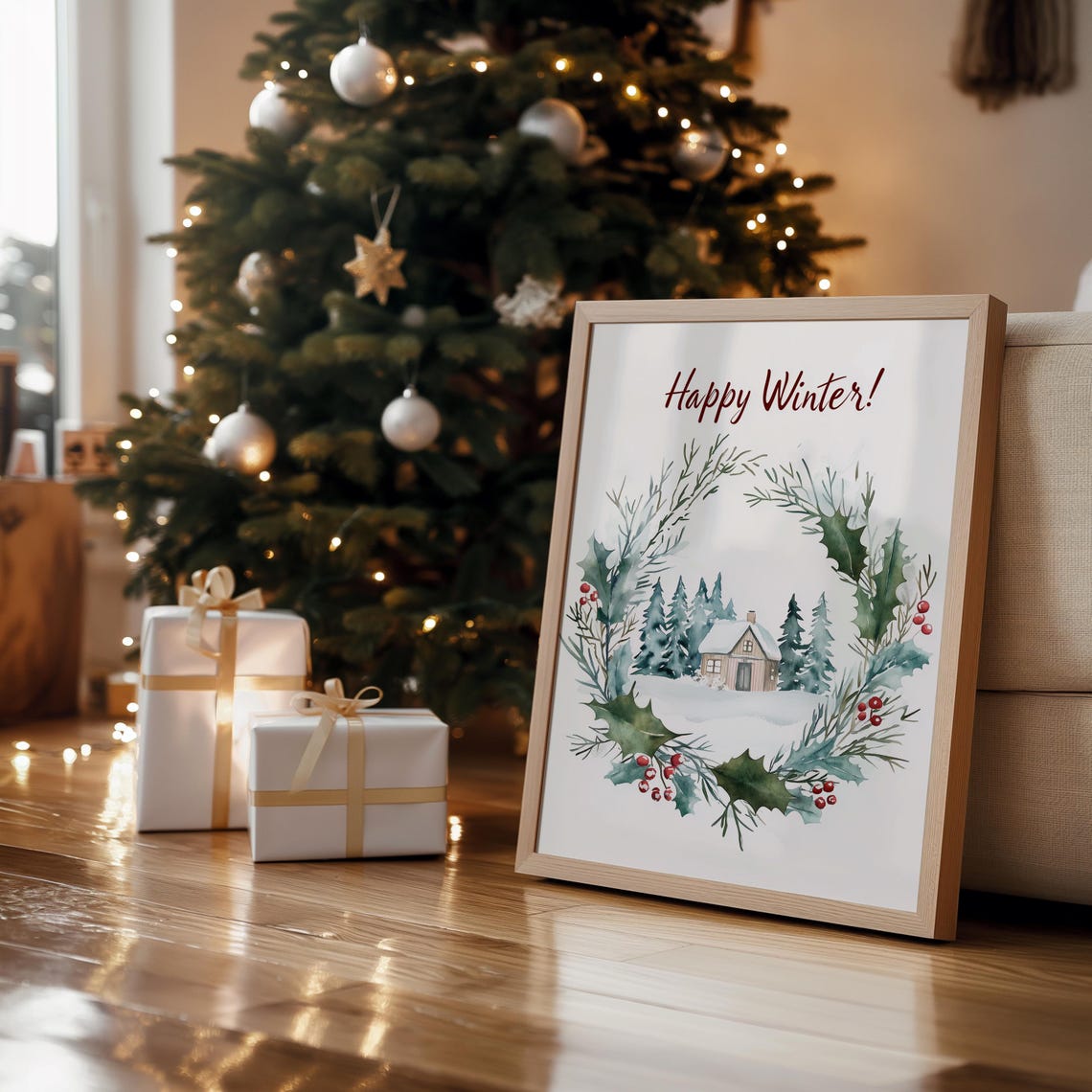 Happy Winter Watercolor Wreath Holly Cabin Snowy Scene Print - Image 2