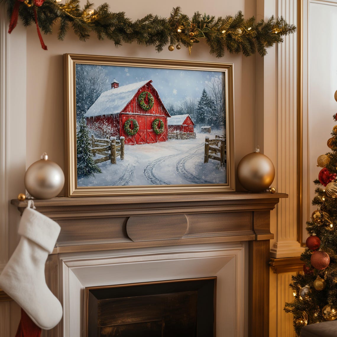 Red Barn with Christmas Wreaths in Falling Snow Farm Travel Poster - Image 3