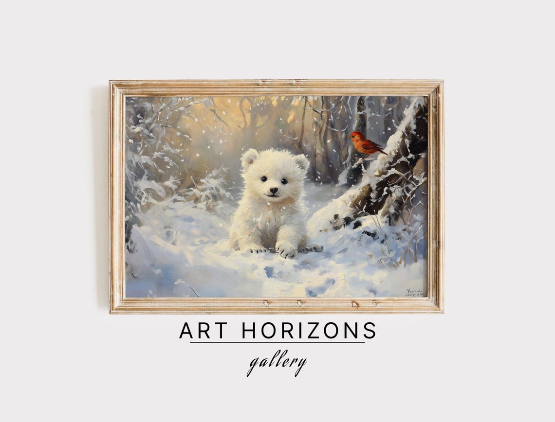 Polar Bear Cub Red Cardinal Snowy Forest Cute Vintage Wildlife Poster