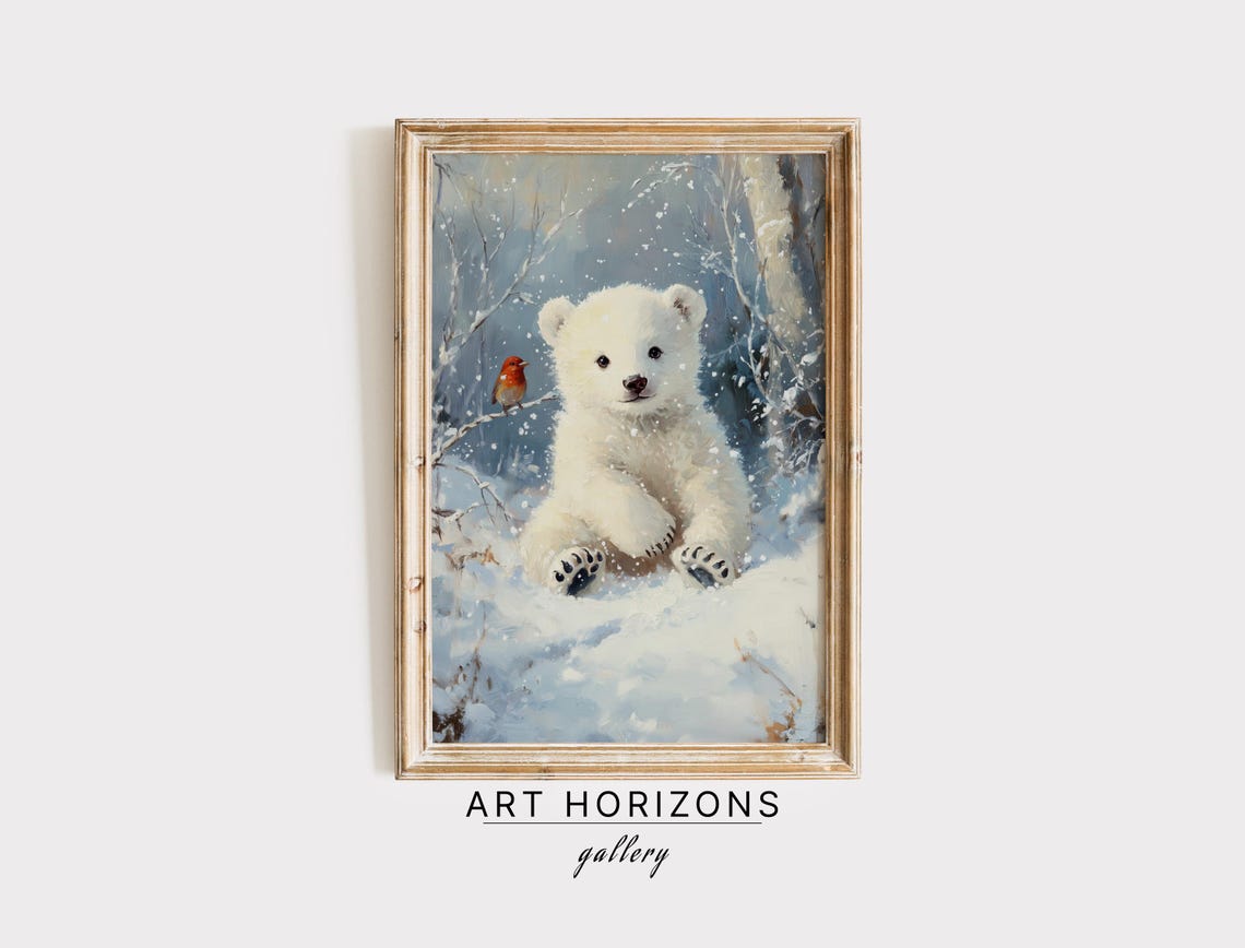 White Polar Bear Cub Snowy Forest Red Bird Winter Kids Wall Art Print