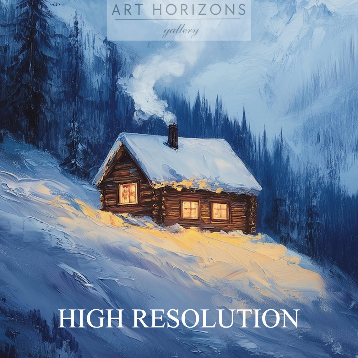 Snowy Mountain Cabin Glowing Windows Blue Winter Night Landscape Print - Image 3
