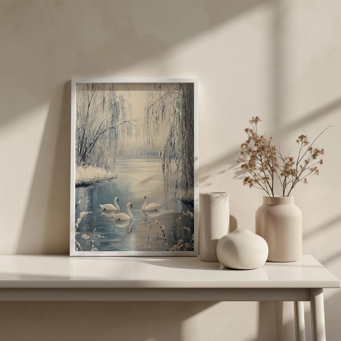 White Swans Icy River Snowy Weeping Willows Serene Winter Art Poster - Image 2