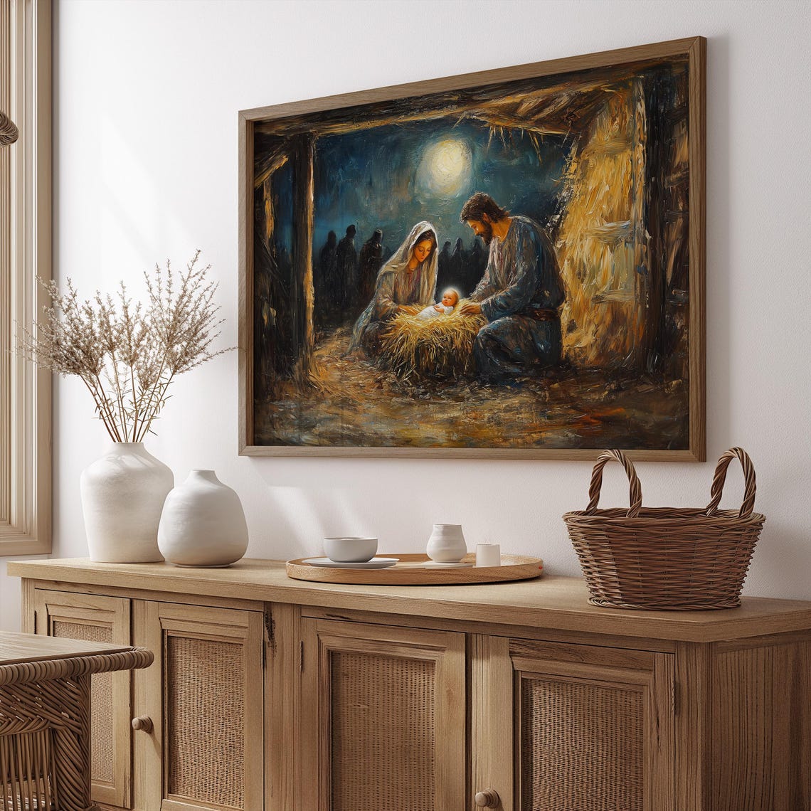 Nativity Scene Mary Joseph Baby Jesus Manger Moonlight Painting Print - Image 2