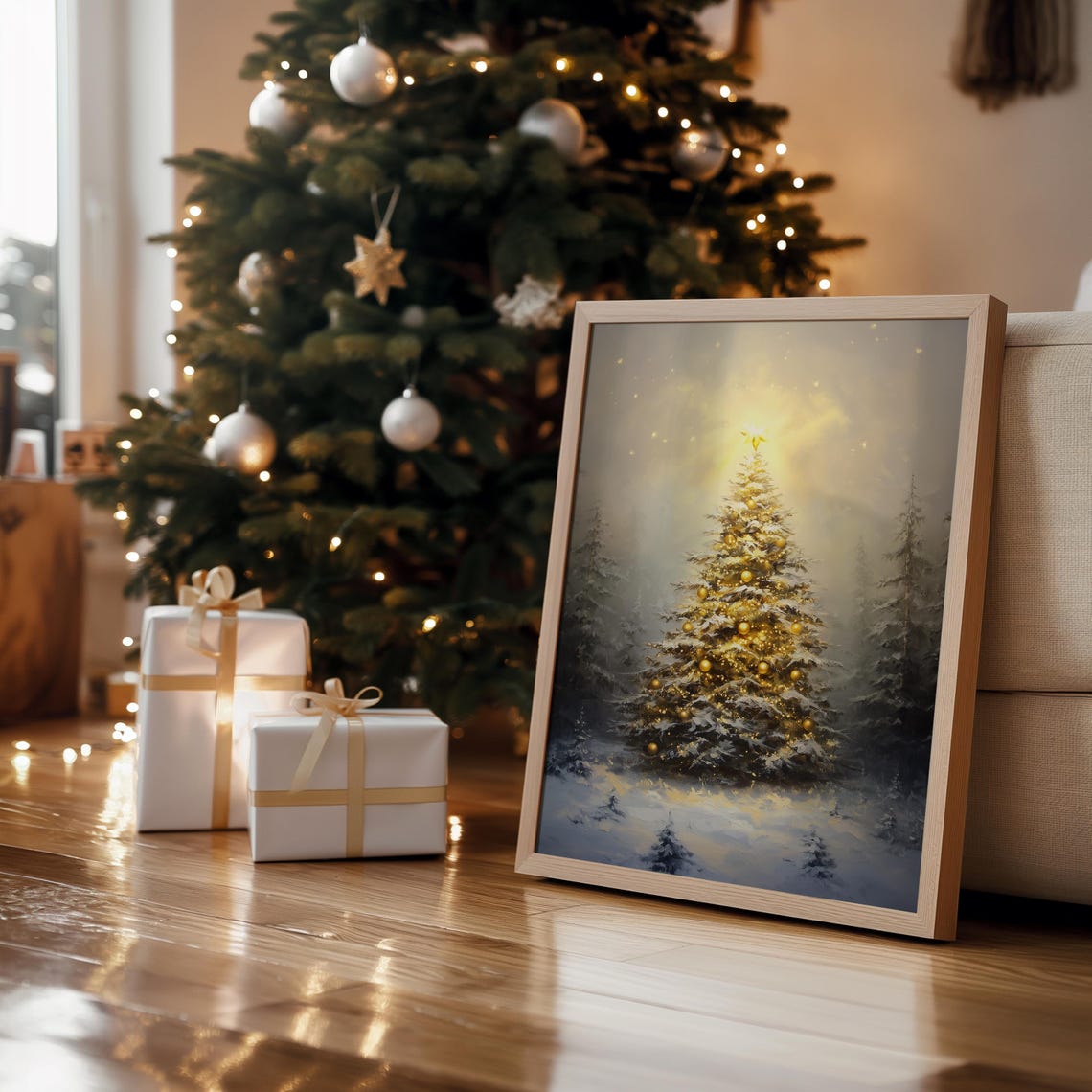 Tall Golden Glowing Christmas Tree in Misty Snowy Forest Art Print - Image 2