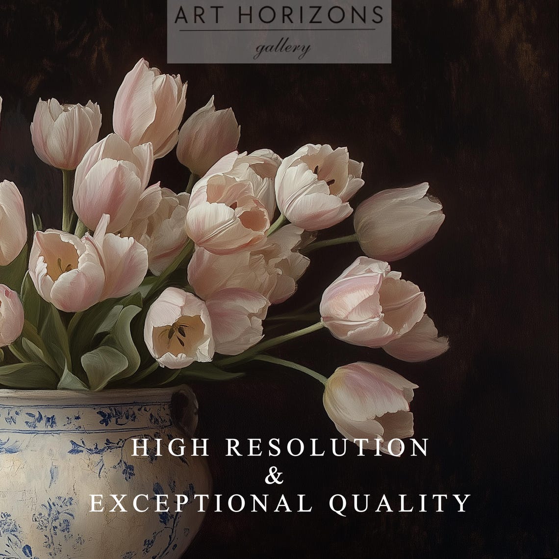 Pink Tulips Blue Vase Still Life Dark Background Floral Oil Poster - Image 5