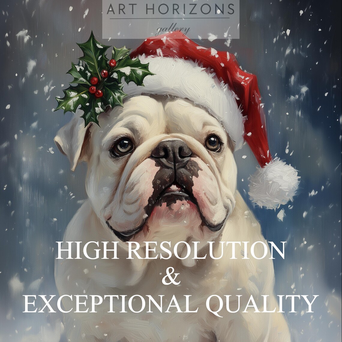 White English Bulldog Santa Hat Snow Cute Christmas Dog Art Print - Image 3