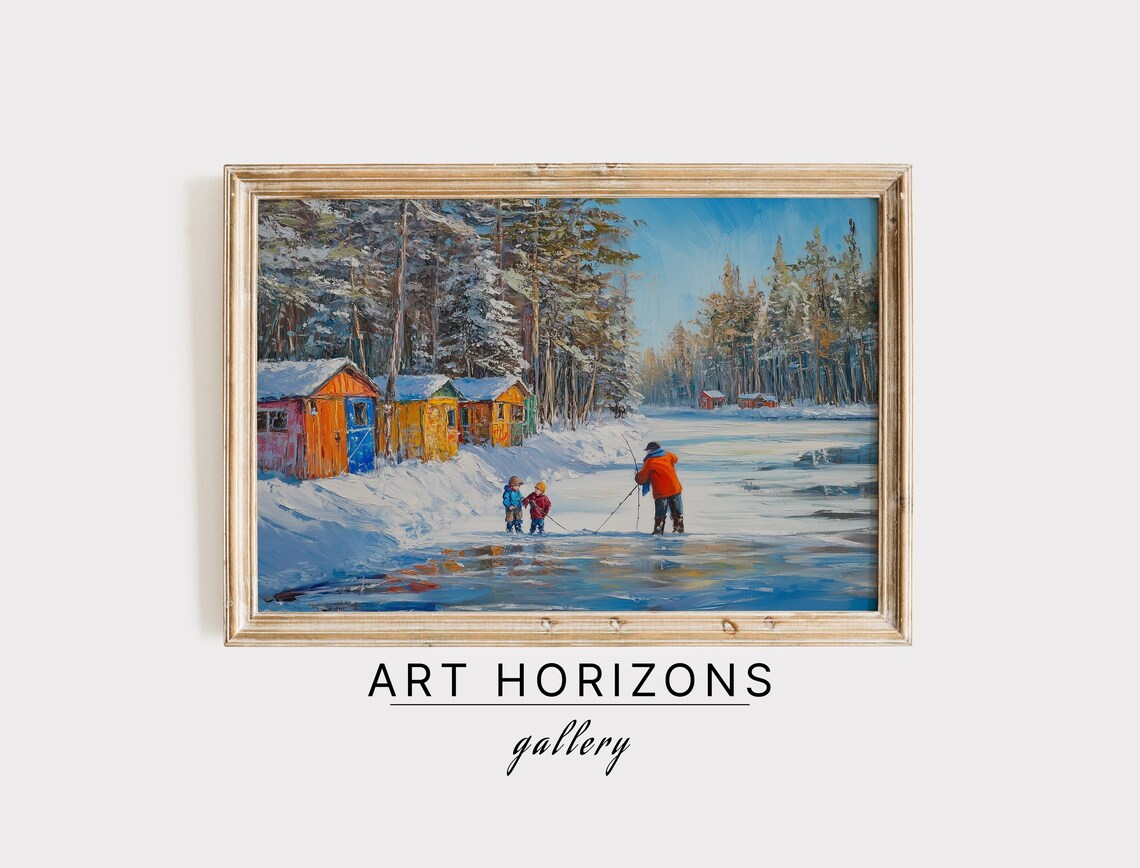 Family Ice Fishing Frozen Lake Colorful Shanties Winter Day Print