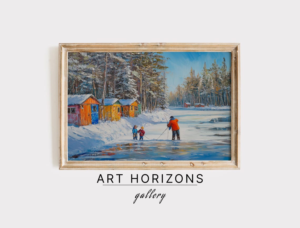 Vintage Winter Family Fishing Wall Art Neutral Christmas Art Rustic Ice Fishing Scene Winter Lake Landscape Holiday Art A91