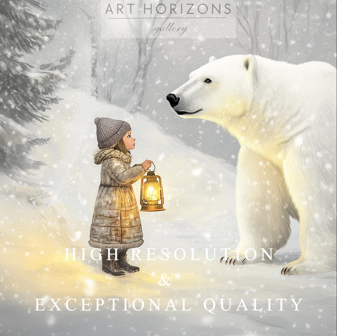 Little Girl With Lantern Meeting Polar Bear Snowy Forest Magic Print - Image 3