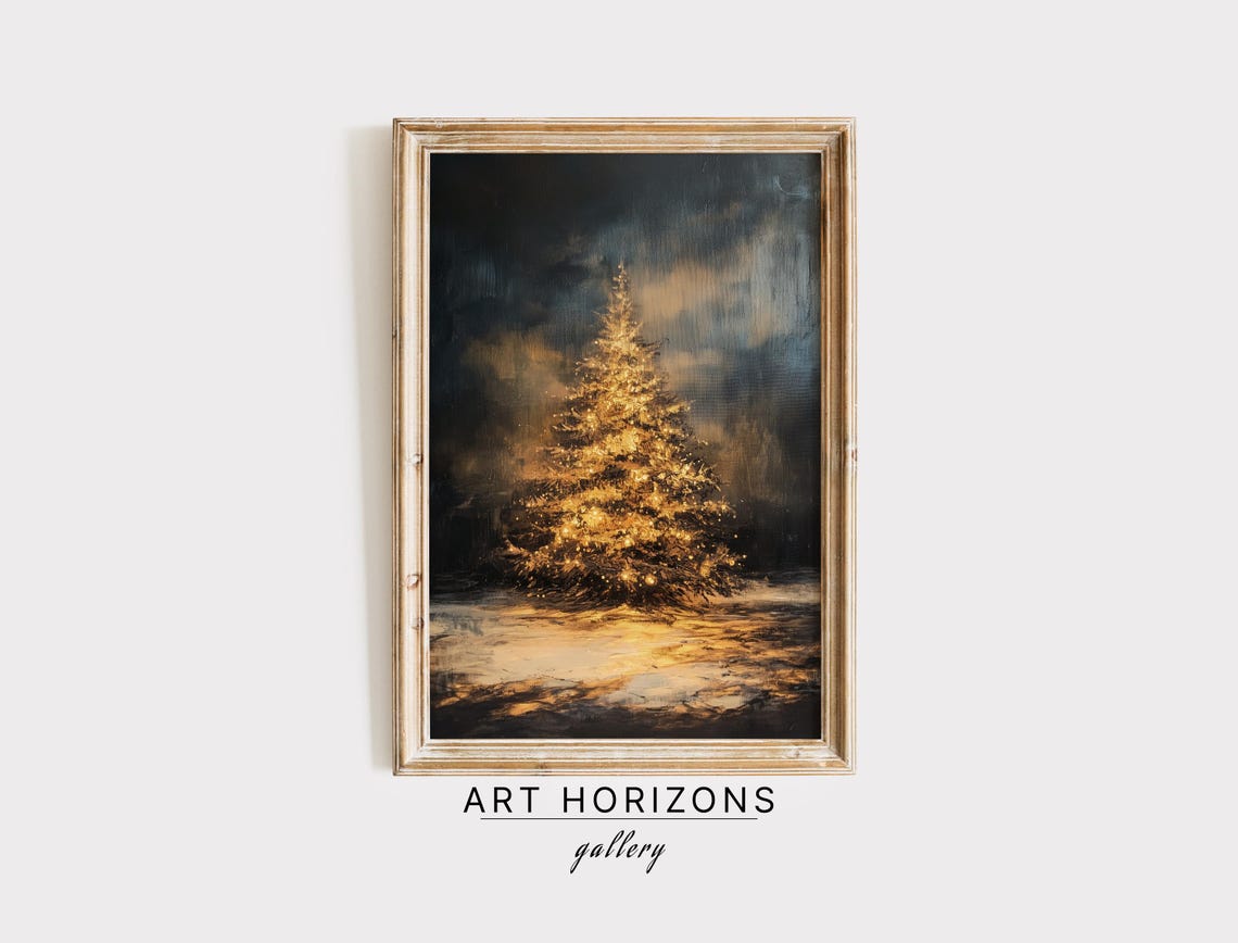 Golden Glowing Christmas Tree Against Dark Moody Night Sky Art Print