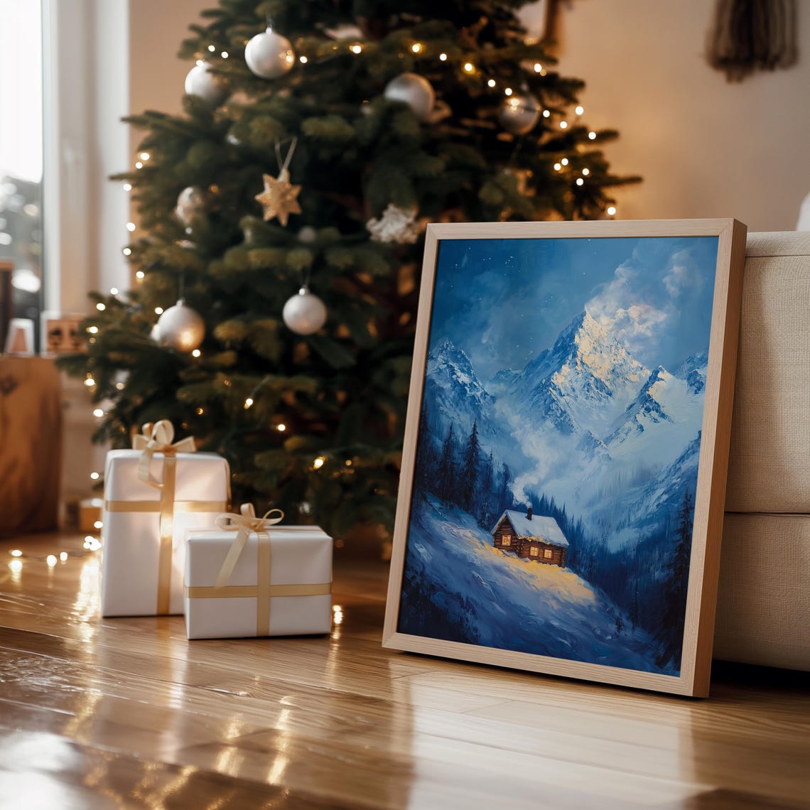 Snowy Mountain Cabin Glowing Windows Blue Winter Night Landscape Print - Image 4