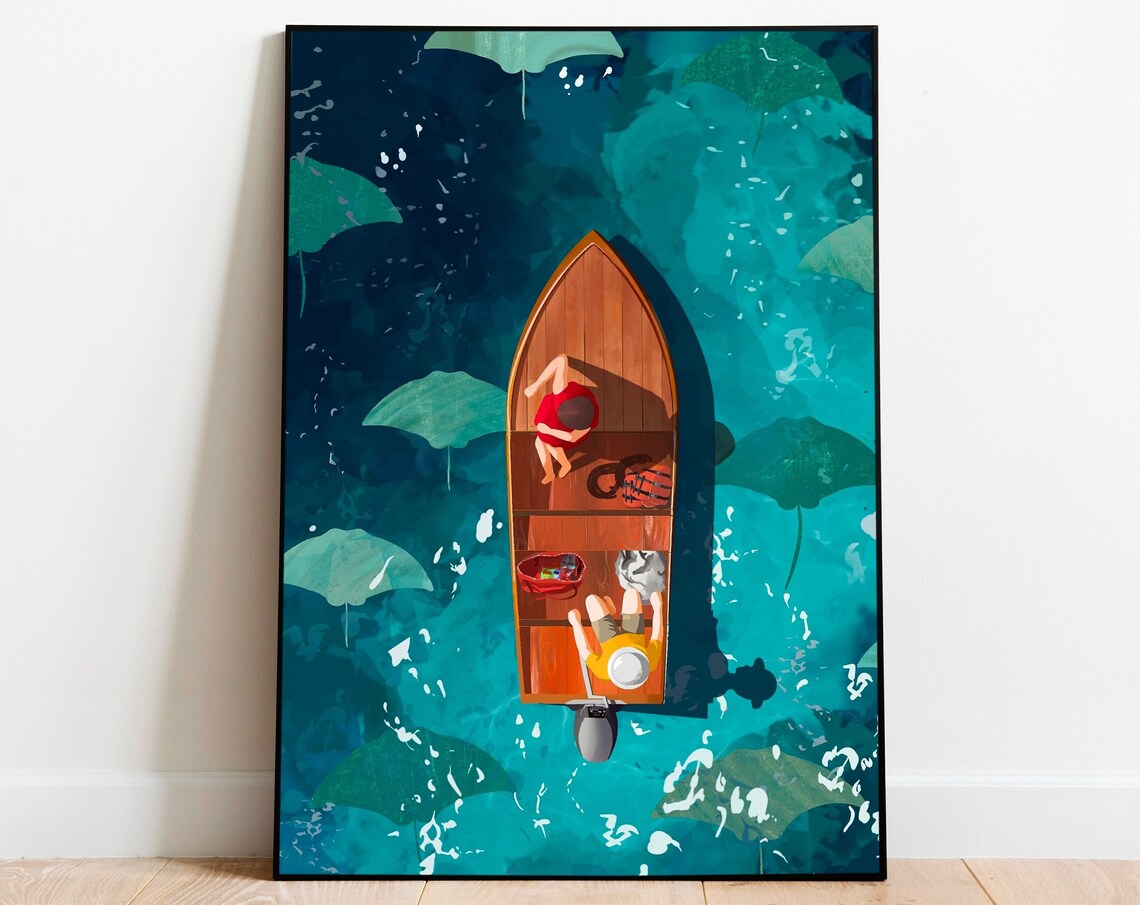 Aerial Rowboat On Turquoise Water Lake Summer Adventure Wall Art - Image 2