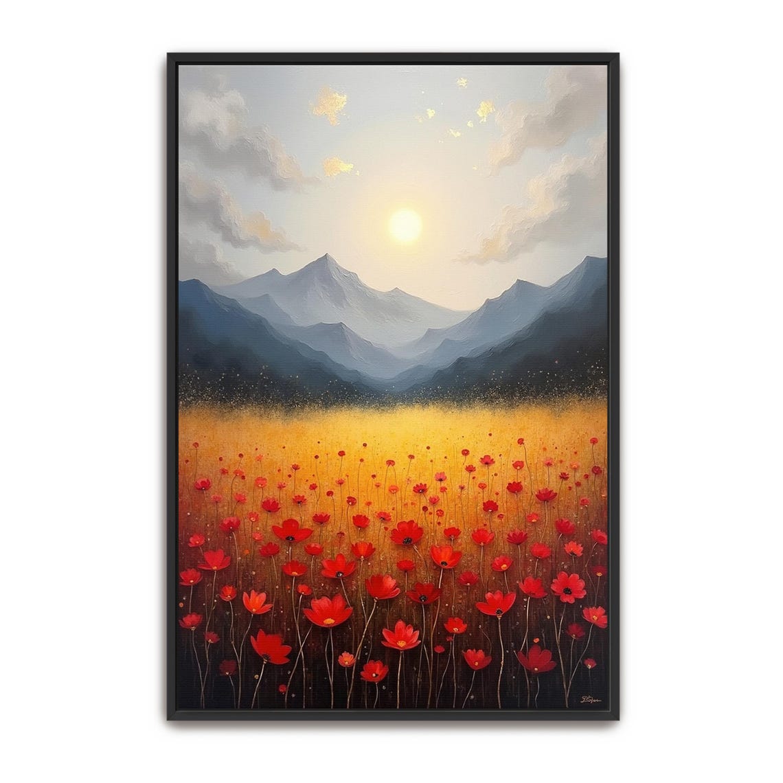 Vast Red Flowers Field At Sunset Beneath A Mountain Range Poster