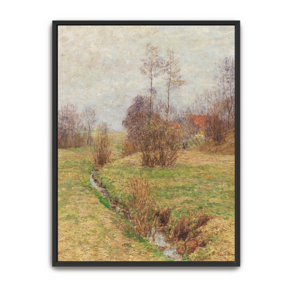 Large Framed Print Of Stream And Trees In A Field Landscape Print Green And Brown Living Room Decor Rustic Oil Painting