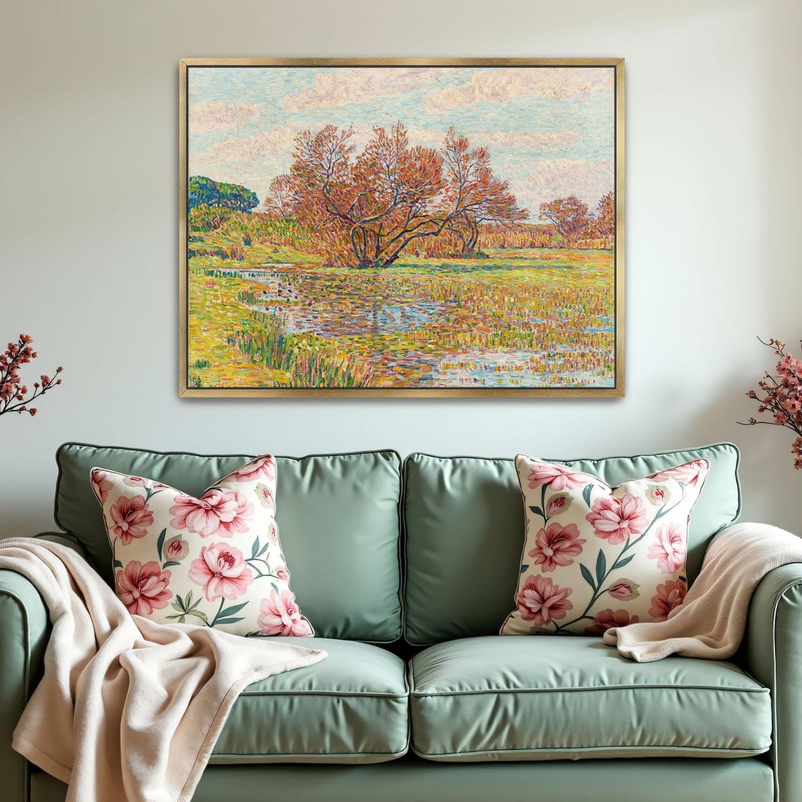 Autumn Trees by a River Pointillist Landscape Painting Poster - Image 2