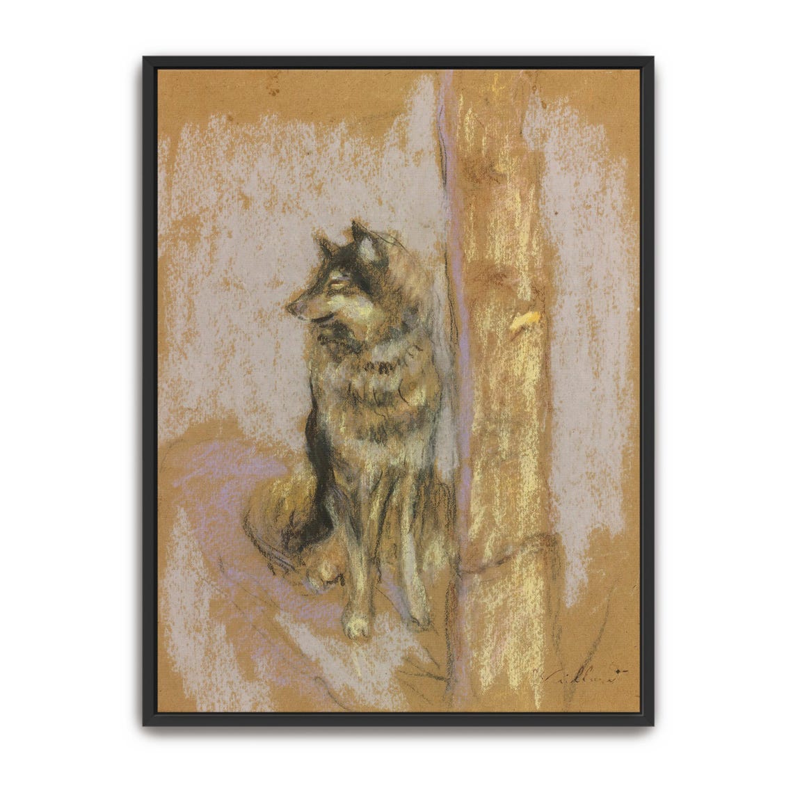 Wolf Dog Seated by a Wooden Post Vintage Pastel Animal Study Art Print
