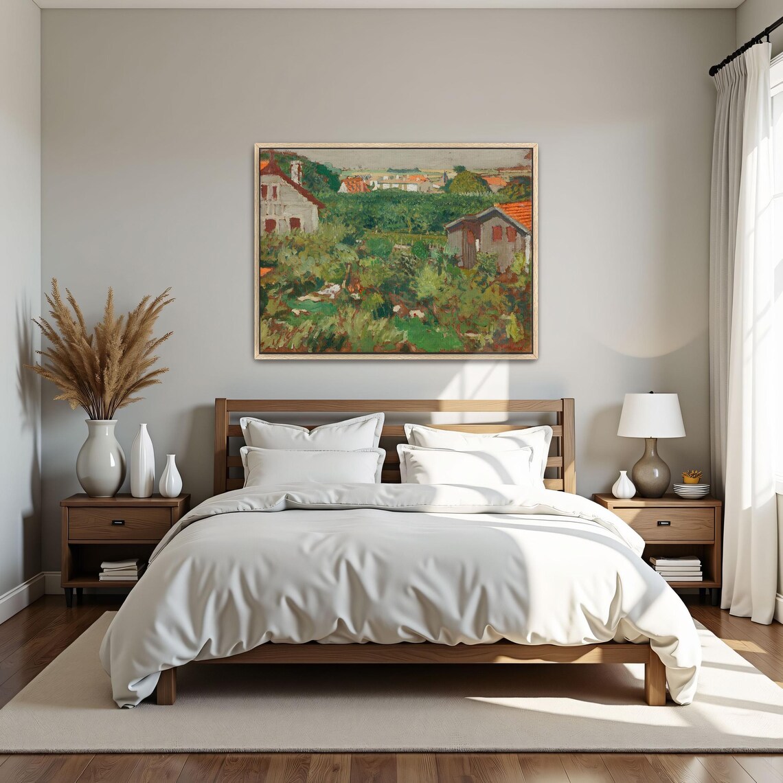 Framed Wall Art Of Houses And Trees In A Garden Landscape Wall Art Green And Brown Bedroom Art Red And White Contemporary Print - Image 5