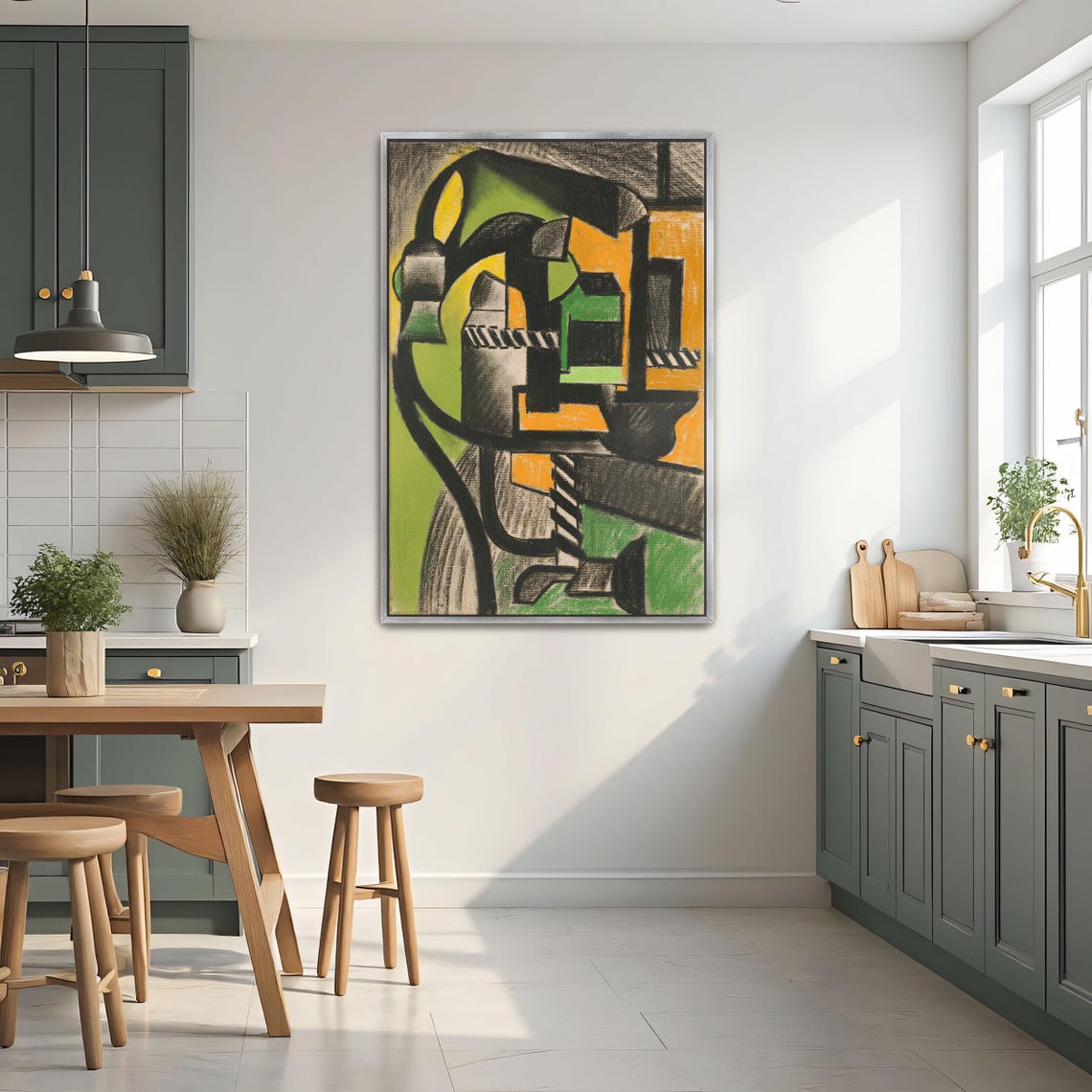 Large Framed Print Of Abstract Cubist Composition Geometric Wall Art Black And Green Living Room Art Print Geometric Decor