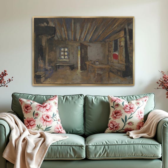 Framed Wall Art Of Interior Scene With Furniture And A Window Geometric Fine Art Print Brown And Gray Entryway Art Print