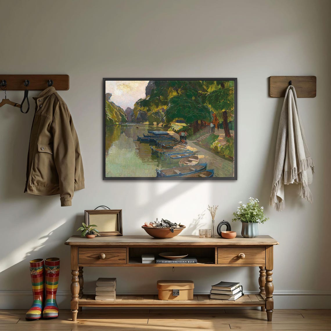 Rowing Boats Moored by a Riverbank Leafy Impressionist Poster - Image 4