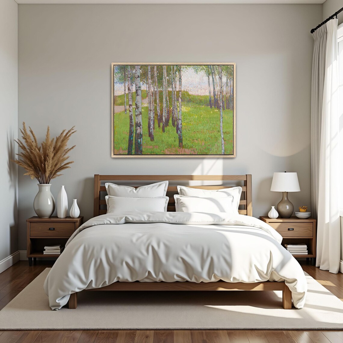 Framed Print Of Birch Trees In A Grassy Field Landscape Print Green And Beige Bedroom Art Print Art Nouveau Oil Painting - Image 5