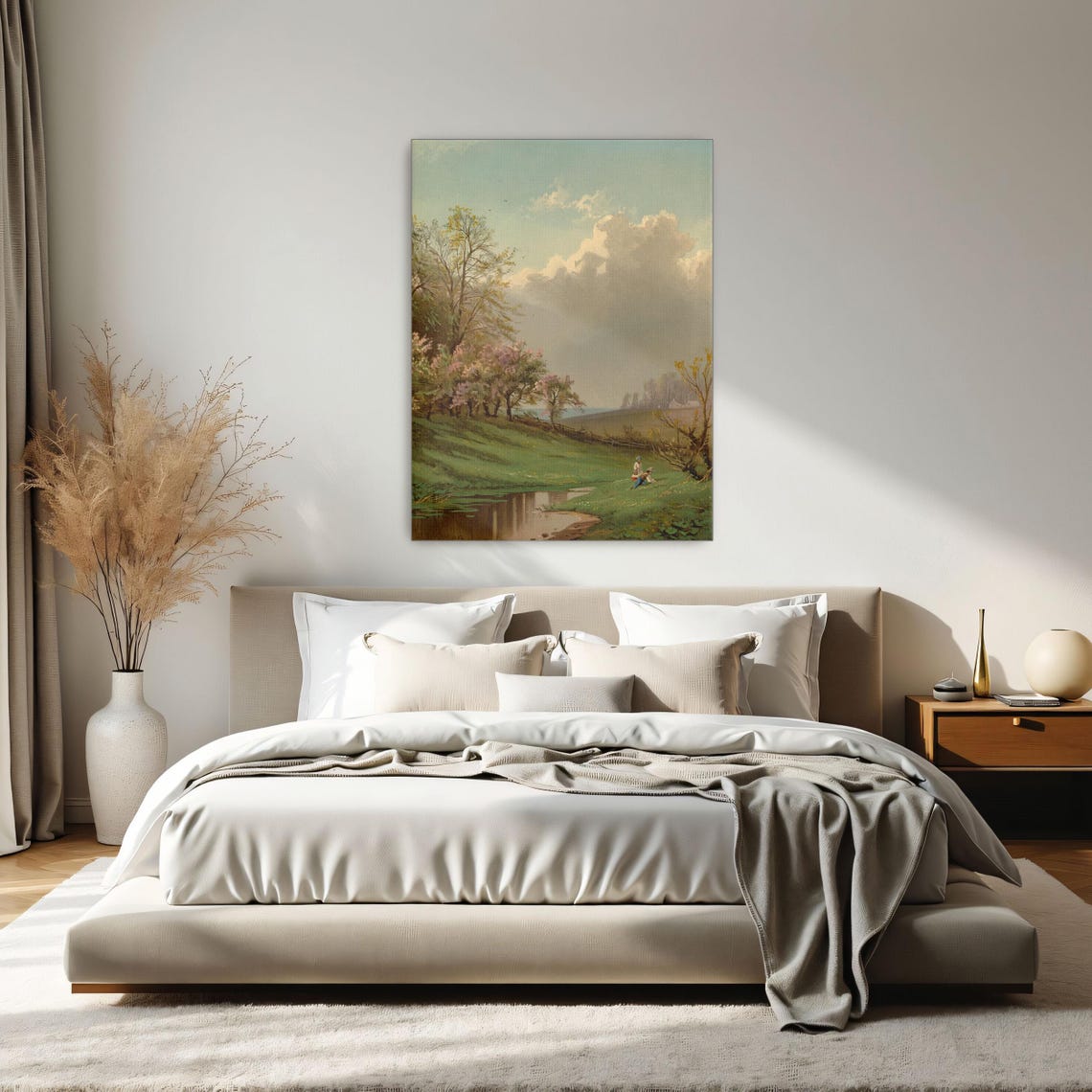 Two Children by a Stream in a Spring Landscape Painting Poster - Image 2