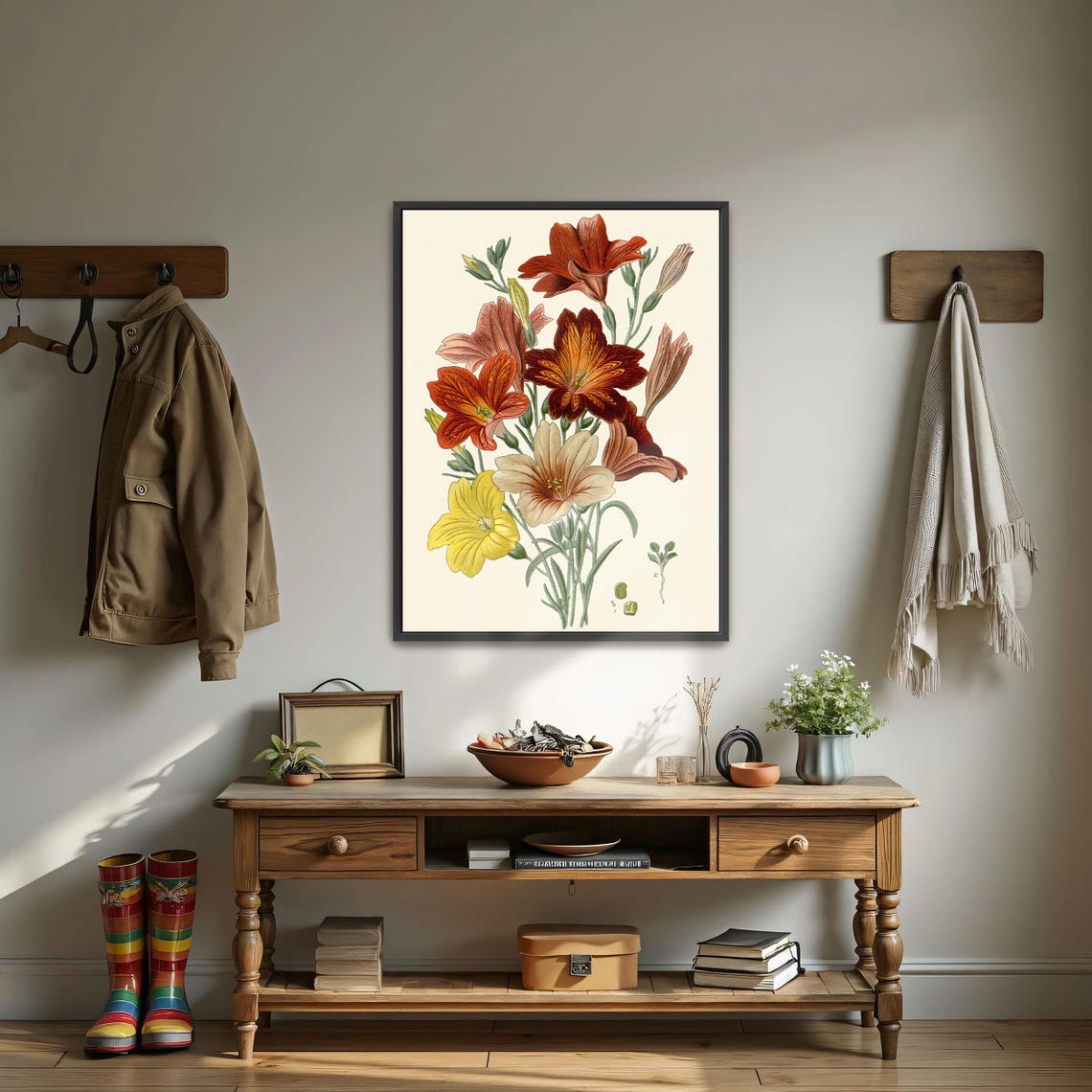 Vintage Botanical Red Orange and Yellow Daylily Illustration Poster
