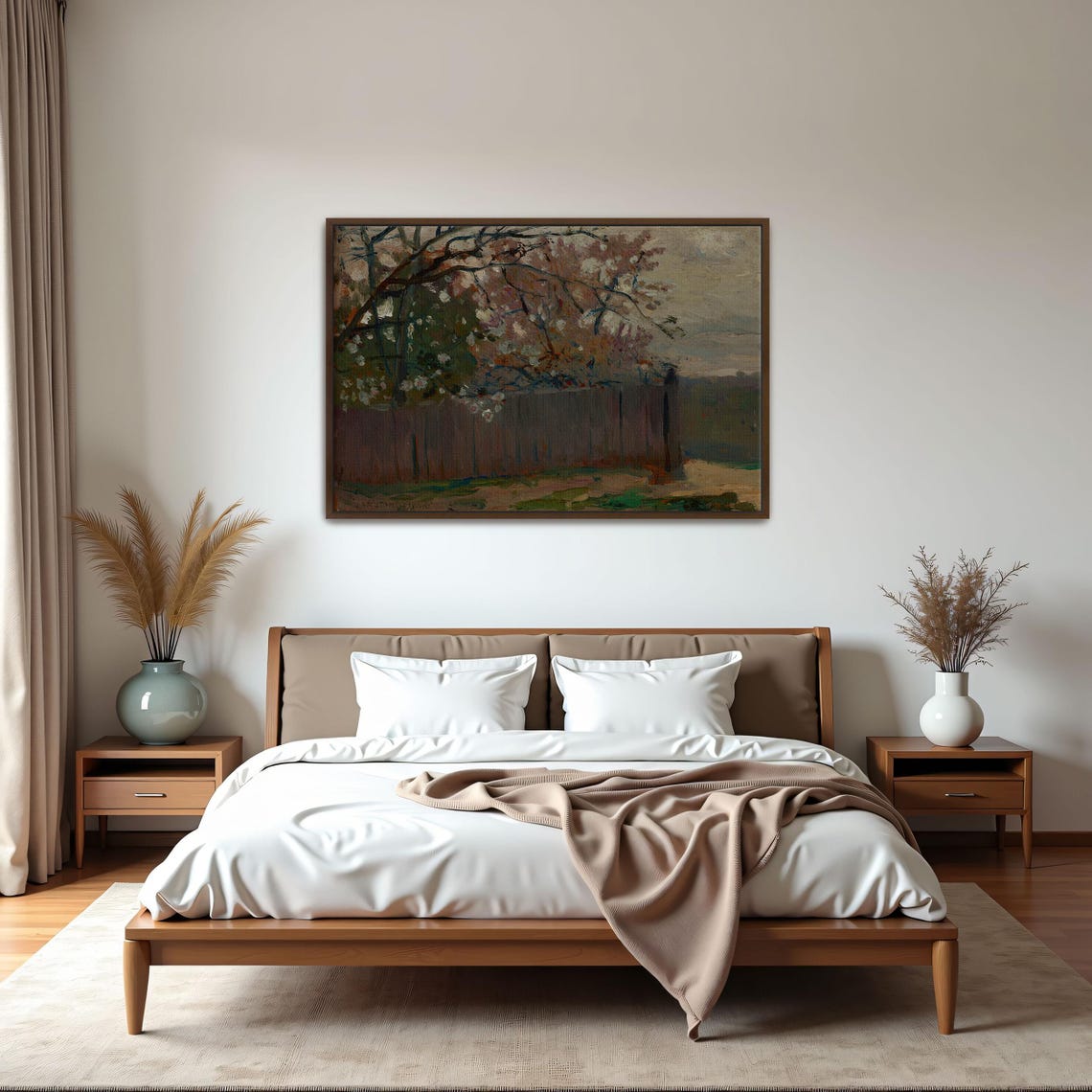 Framed Wall Art Of A Fence In A Flowering Garden Landscape Print Brown And Green Living Room Art Print Rustic Oil Painting - Image 5